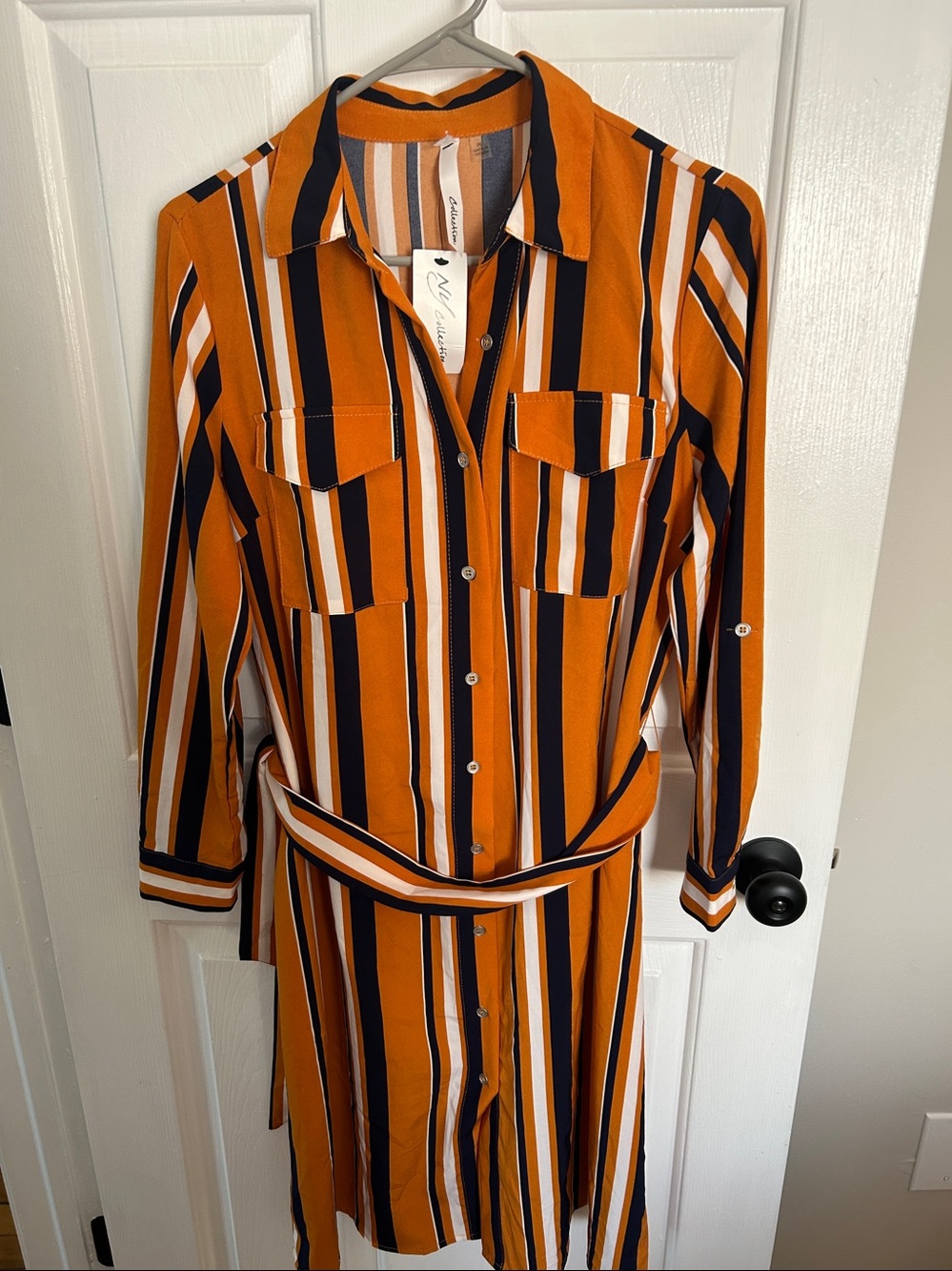 NY Collection Orange Striped Button-Front Long Sleeve Dress